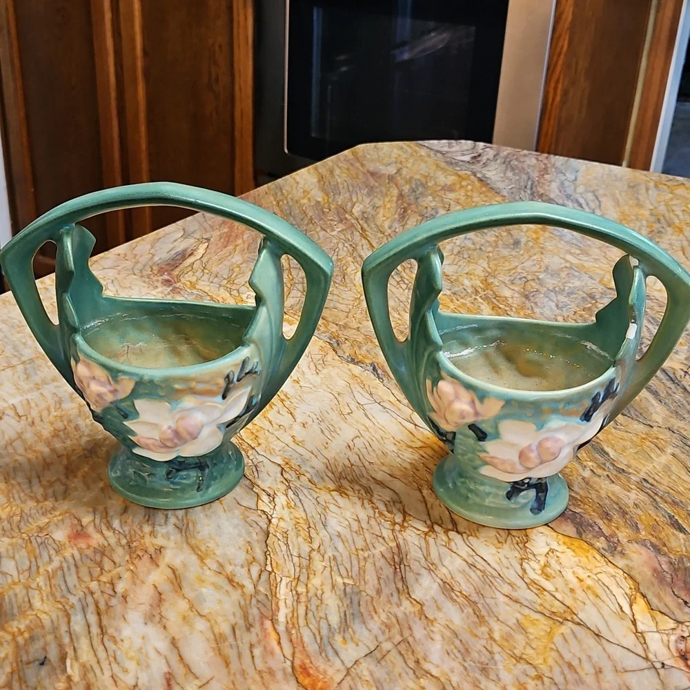 ROSEVILLE Vintage Pottery Magnolia Basket Vase Planter Pots SET of 2 #383-7